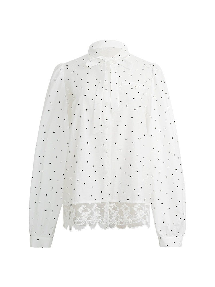 Romantic Polka Dot Lace Trim Blouse with Tie Neck