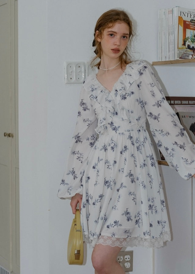Morning Lace White Blue Floral Vintage Ruffle Bloom Dress