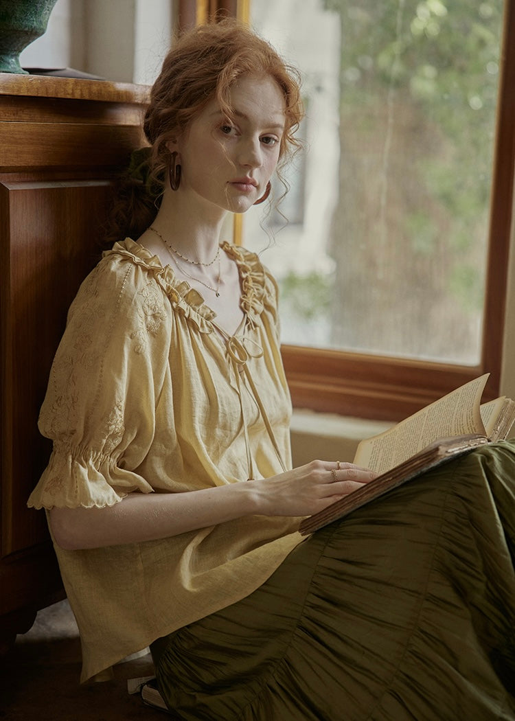 Amber Ruffle Bloom Blouse | Vintage Yellow Embroidered Top