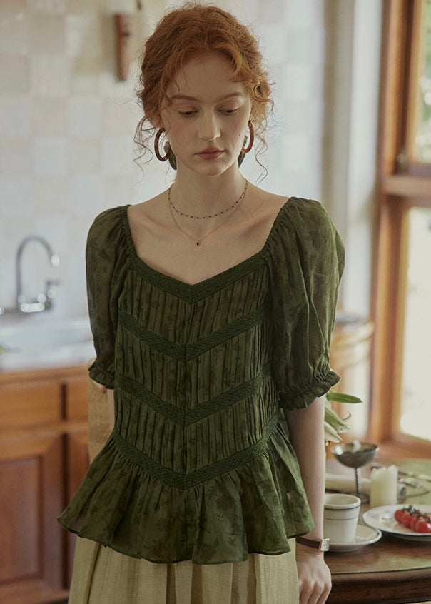 Château Garden Pintuck Blouse | Vintage Dark Green Peplum Top