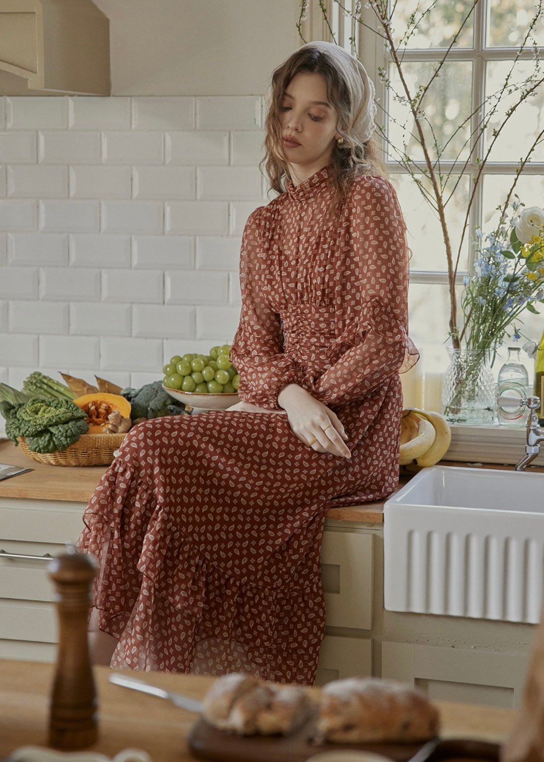 Amber Soft Tide Vintage Floral Chiffon Dress