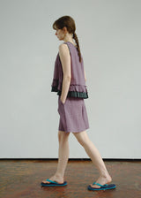 Plum Check Frill Linen Loungewear Sleeveless Top Shorts Pajama Set