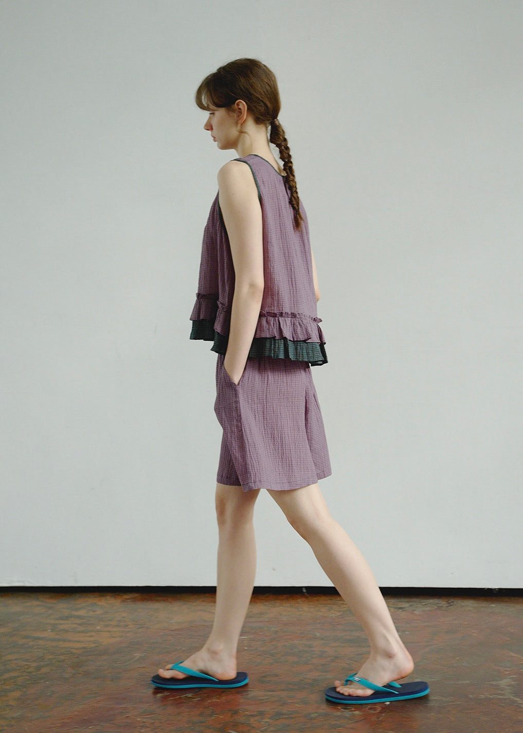 Plum Check Frill Linen Loungewear Sleeveless Top Shorts Pajama Set