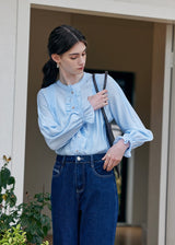 Cloudlight Pin Tuck Blouse | Vintage Blue Long Sleeve Ruffle Shirt