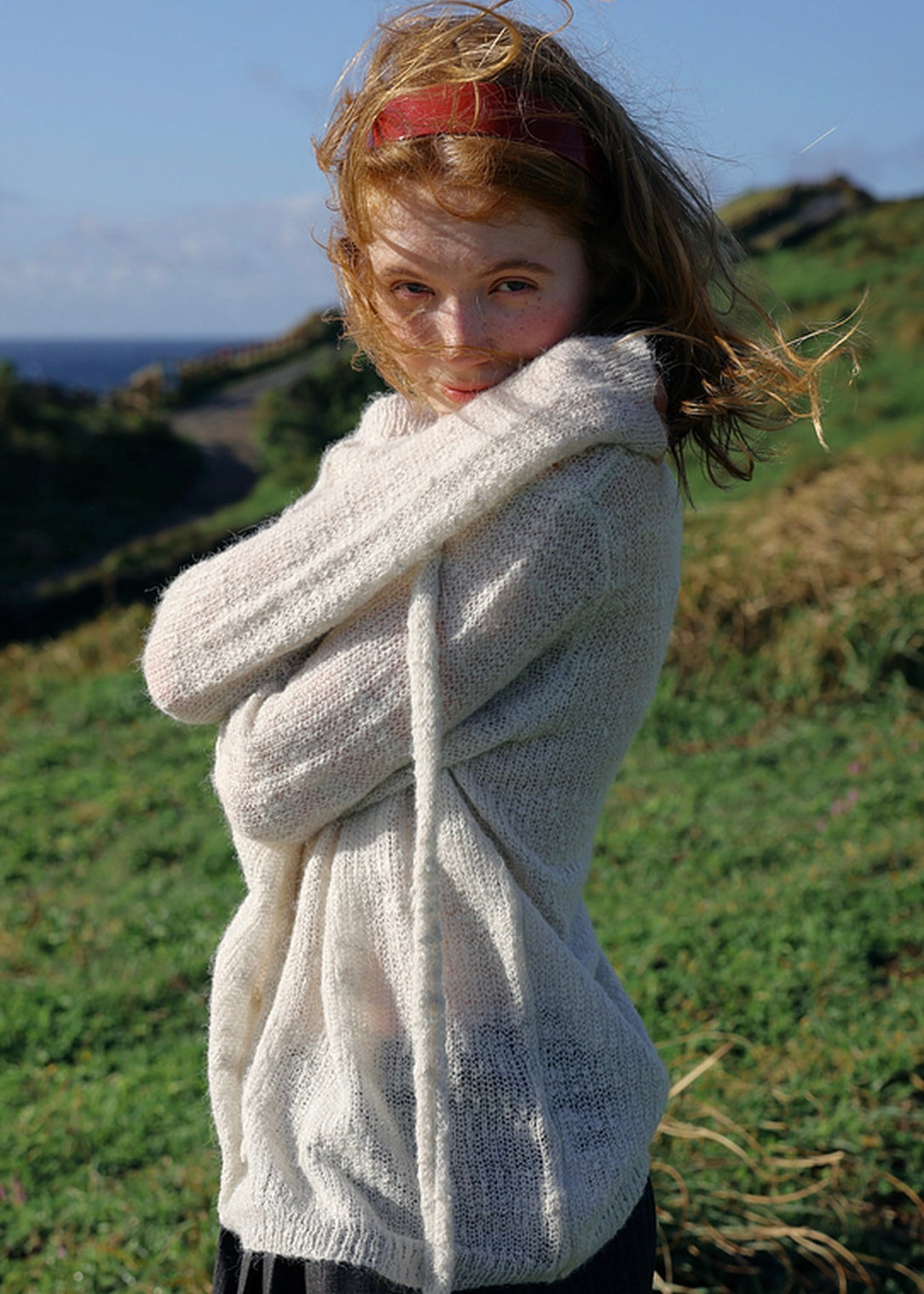 Vintage Tie Neck Open Knit Long Sleeve Sweater