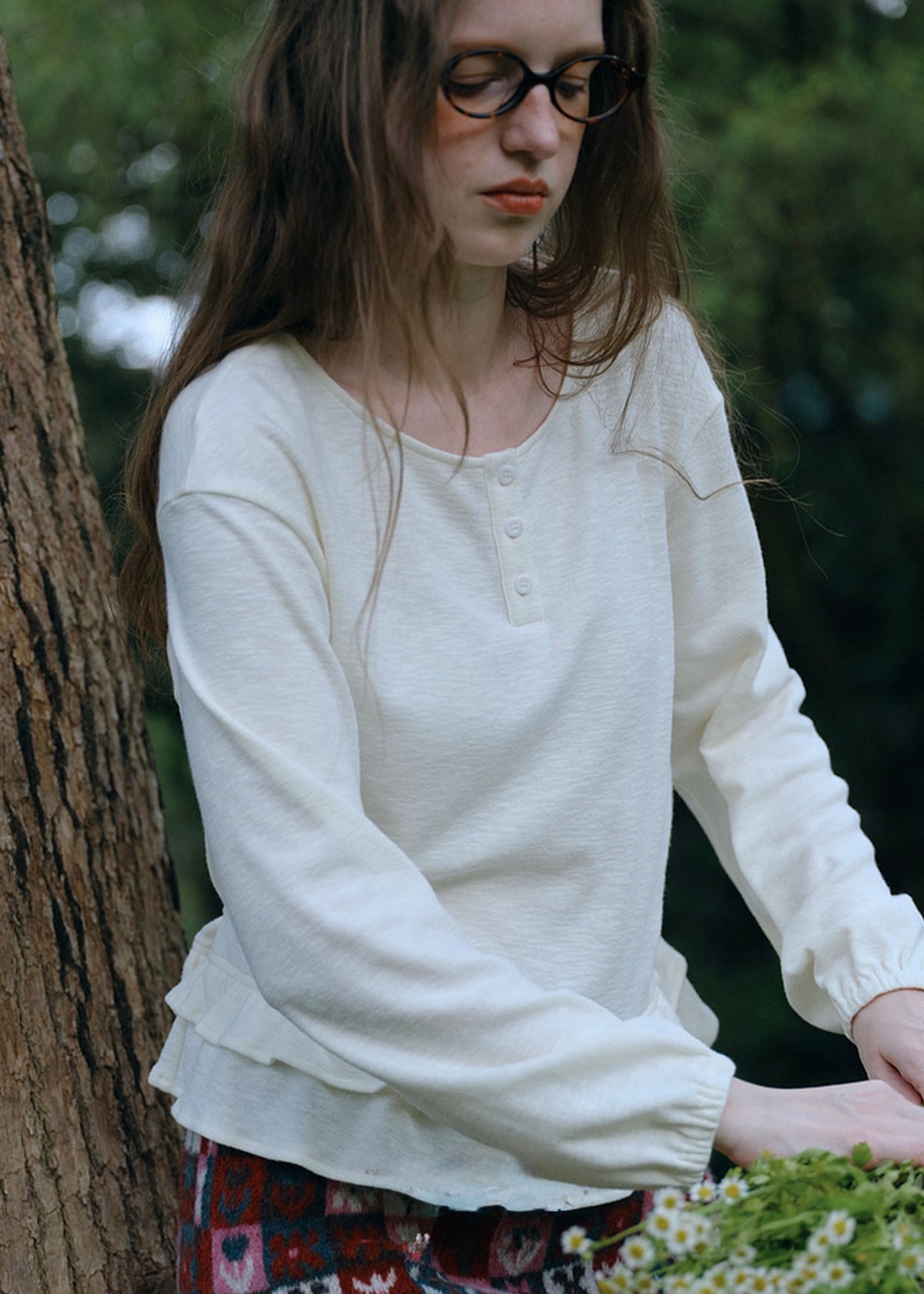 Vintage Ruffle Hem Half Button Long Sleeve Knit Top