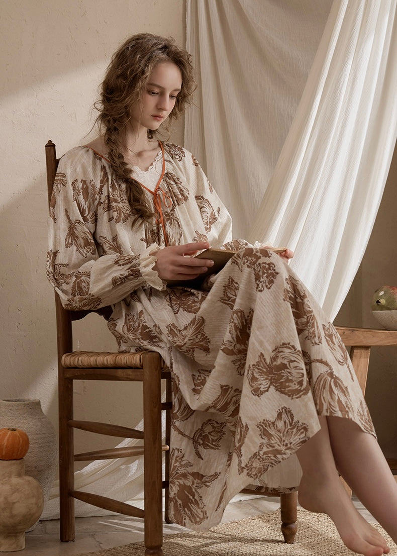 Vintage Floral & Toile Print Long Sleeve Nightgown(2COLOR)