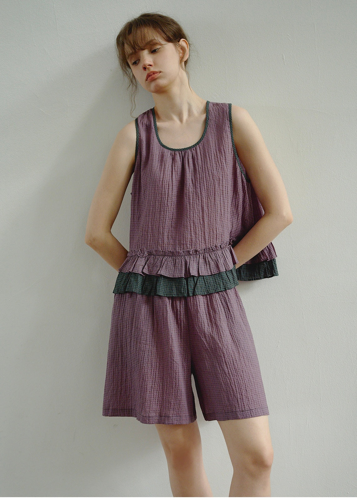 Plum Check Frill Linen Loungewear Sleeveless Top Shorts Pajama Set
