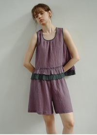 Plum Check Frill Linen Loungewear Sleeveless Top Shorts Pajama Set