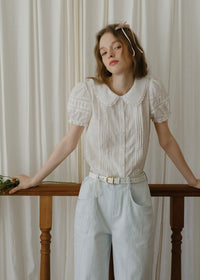 Evelyn Eyelet Blouse | Vintage White Cotton Shirt with Pintuck and Lace Collar