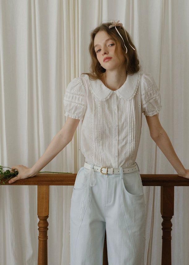 Evelyn Eyelet Blouse | Vintage White Cotton Shirt with Pintuck and Lace Collar
