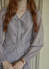 Vintage Ribbon Embroidered Blouse & Pleated Skirt Set