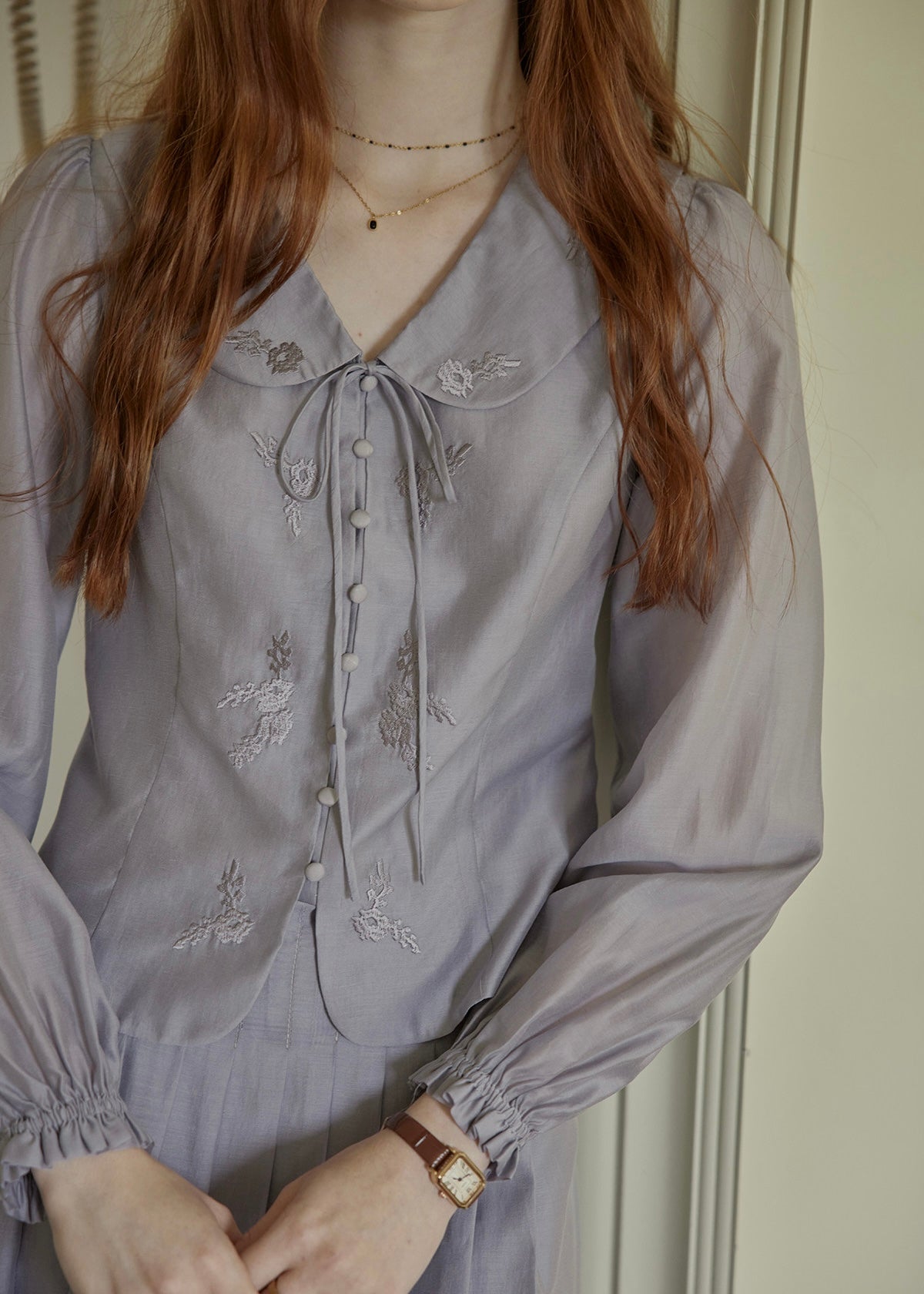 Vintage Ribbon Embroidered Blouse & Pleated Skirt Set