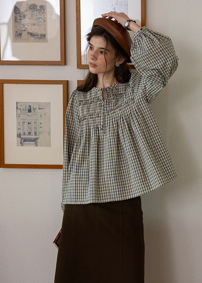 Autumn Pleats Tie Vintage Smocked Long Sleeve Blouse(2COLOR)