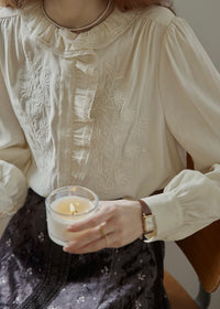 Romantic Cream Lace Embroidered Ruffle Collar Vintage Blouse
