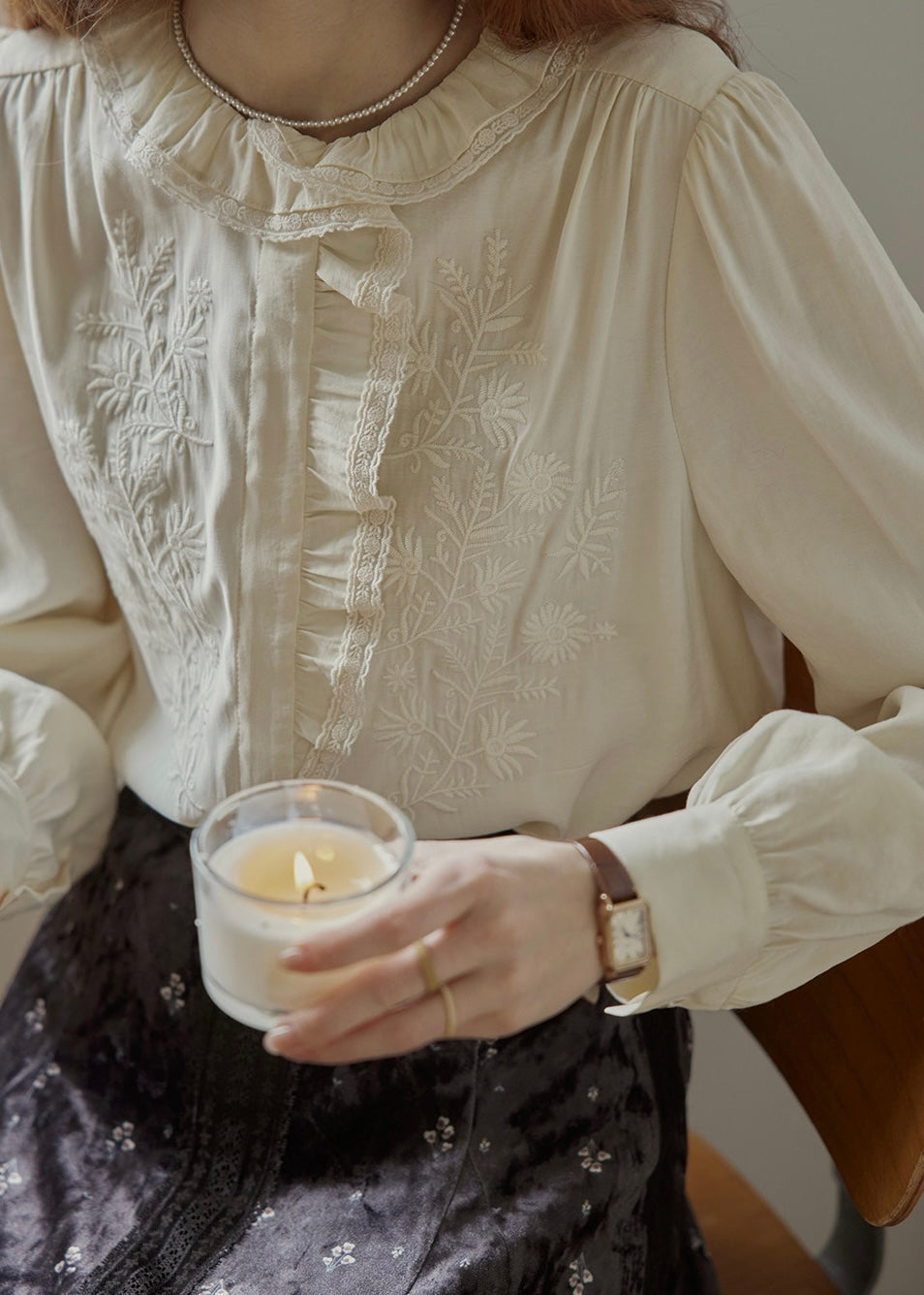 Romantic Cream Lace Embroidered Ruffle Collar Vintage Blouse