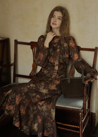 Victorian Oil Painting Floral Chiffon Maxi Dress