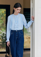 Cloudlight Pin Tuck Blouse | Vintage Blue Long Sleeve Ruffle Shirt