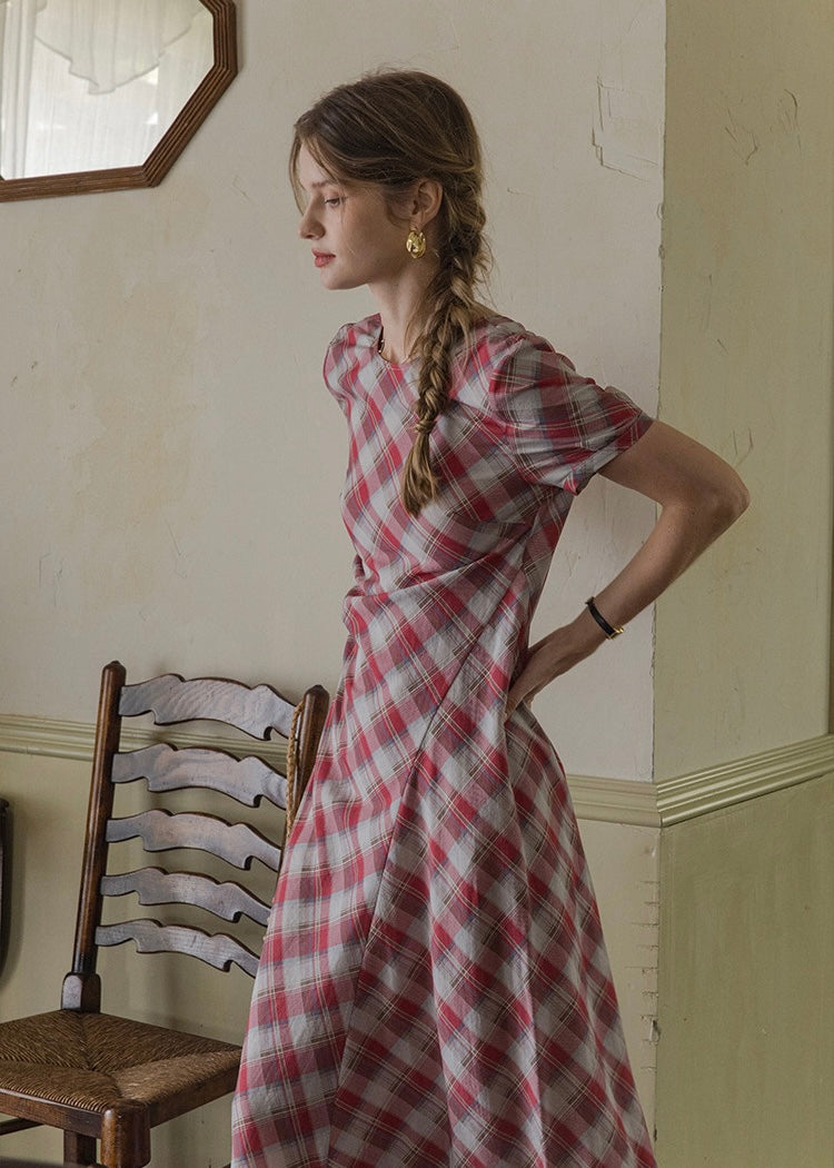 Pink Plaid Ruched Summer Dress