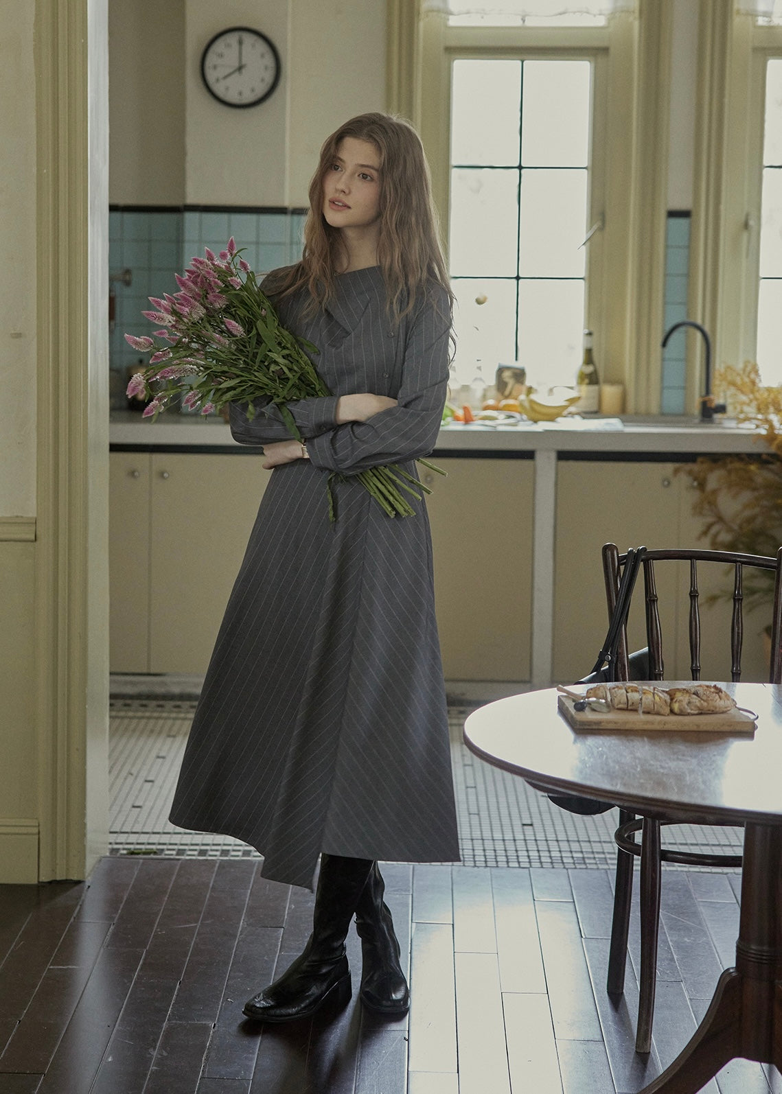 Falling Lines Draped Collar Dress