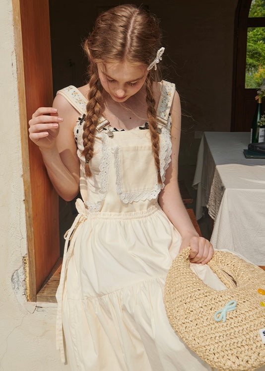 Daisy Lace Suspender Cream Vintage Maxi with Embroidered Bib