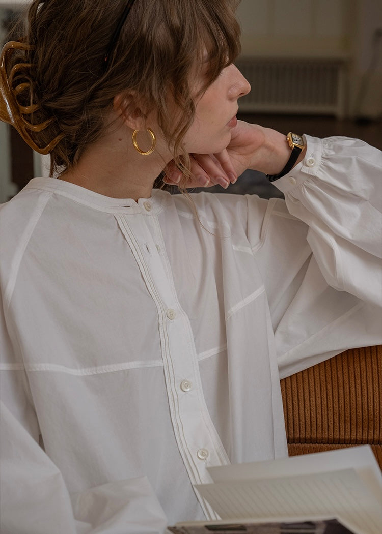 Aire Button Blouse | Minimal Volume Sleeve Round Neck Shirt(2COLOR)