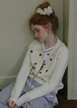 Vintage Floral Embroidered Collared Knit Cardigan