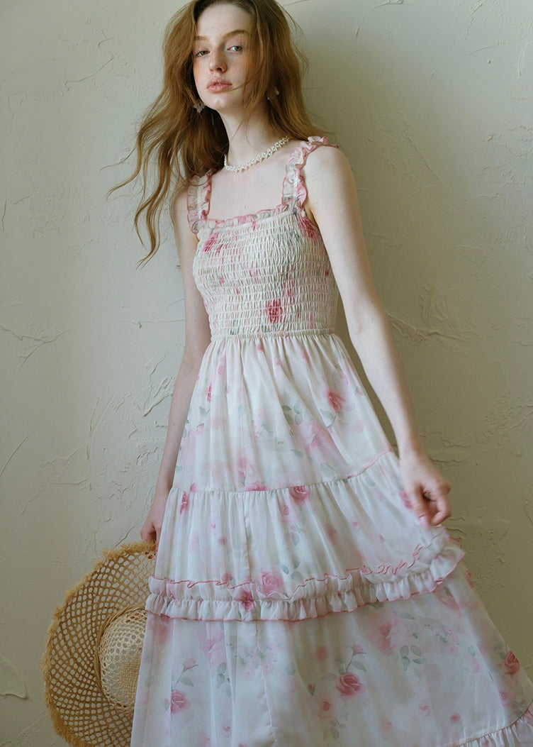Rosette Waltz Tiered Floral Smocked Strap Dress