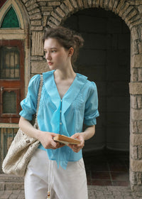 Azure Reverie Ruffle Collar Blouse