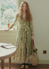 Vintage Sage Green Floral Wrap Maxi Dress