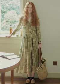 Vintage Sage Green Floral Wrap Maxi Dress