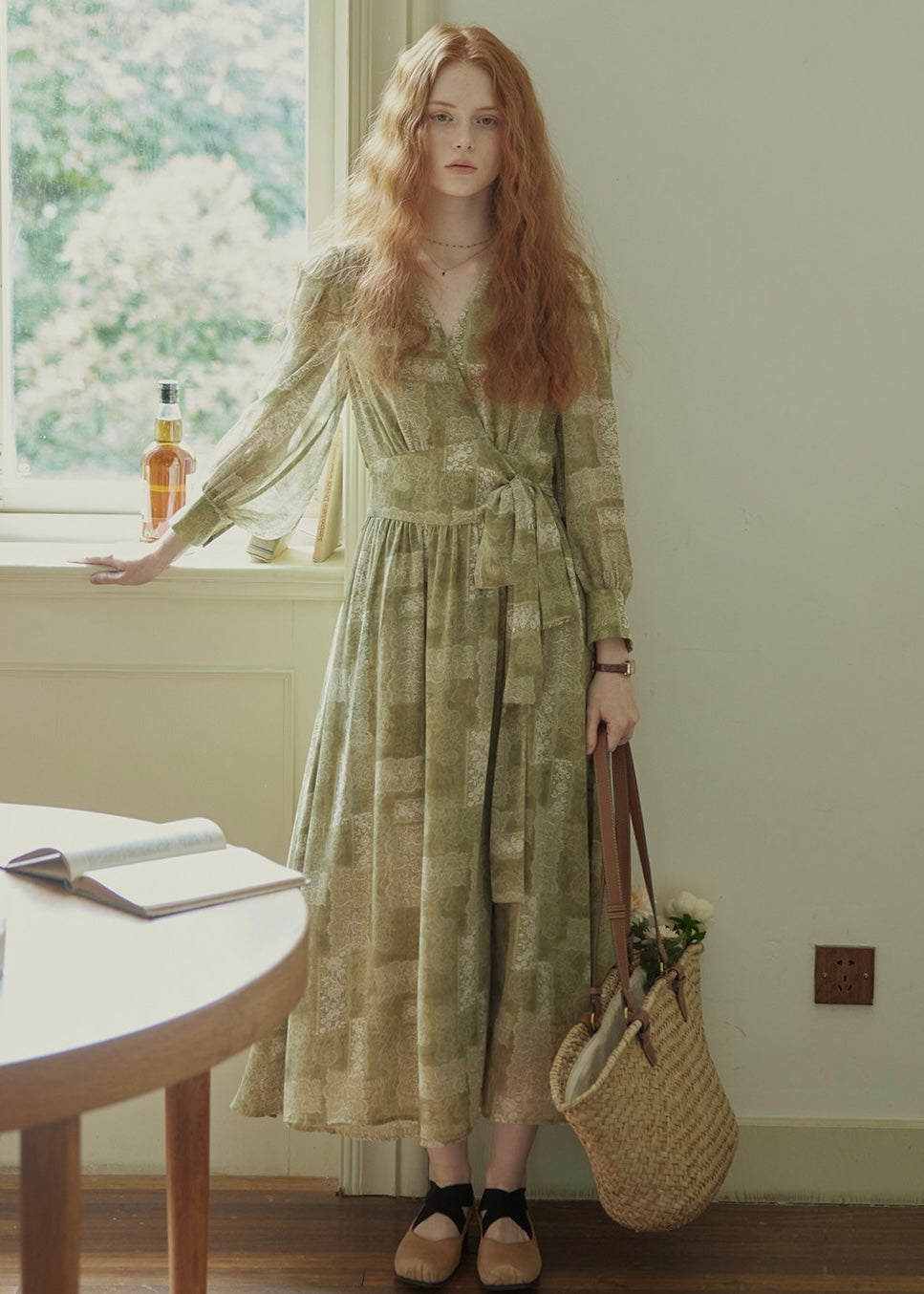 Vintage Sage Green Floral Wrap Maxi Dress