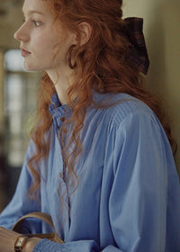 Vintage Blue Stand Collar Long Sleeve Blouse