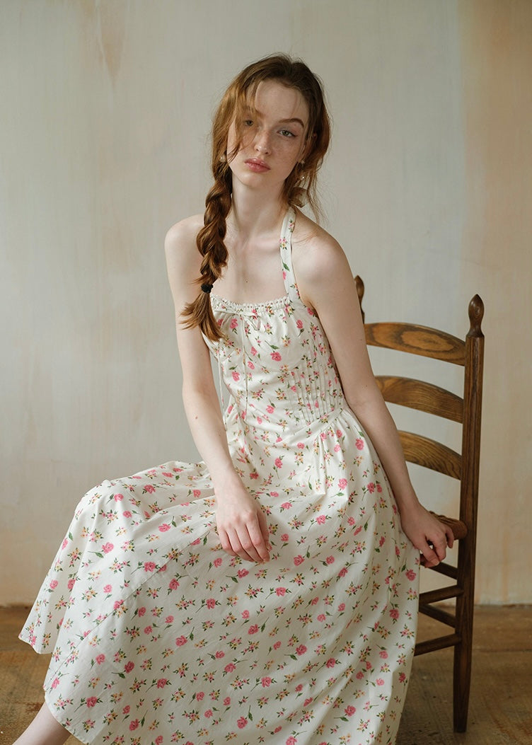 Summer Poem Rose Print Halter Backless Dress