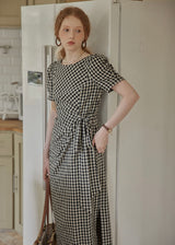 Black Gingham Wrap Dress Puff Sleeve Vintage Dress