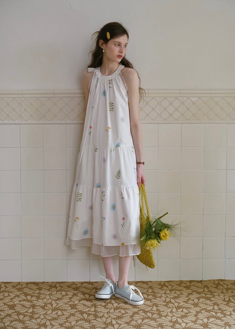 Field Whispers White Embroidered Halter Neck Dress
