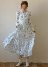 Blue Garden Vintage Floral Long Sleeve Dress