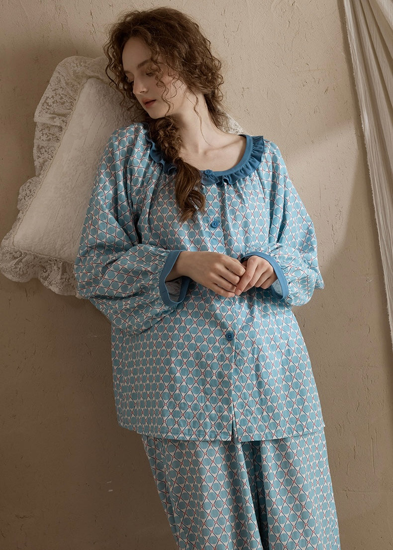 Retro Geometric Cotton Long Sleeve Women's Pajama Set(2COLOR)