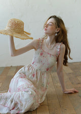 Rosette Waltz Tiered Floral Smocked Strap Dress