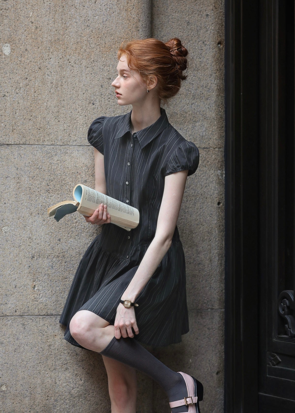 Shadow Stripe Puff Sleeve Vintage Dress