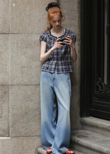 Vienna Plaid Ruffle Blouse | Vintage Puff Sleeve Check Top