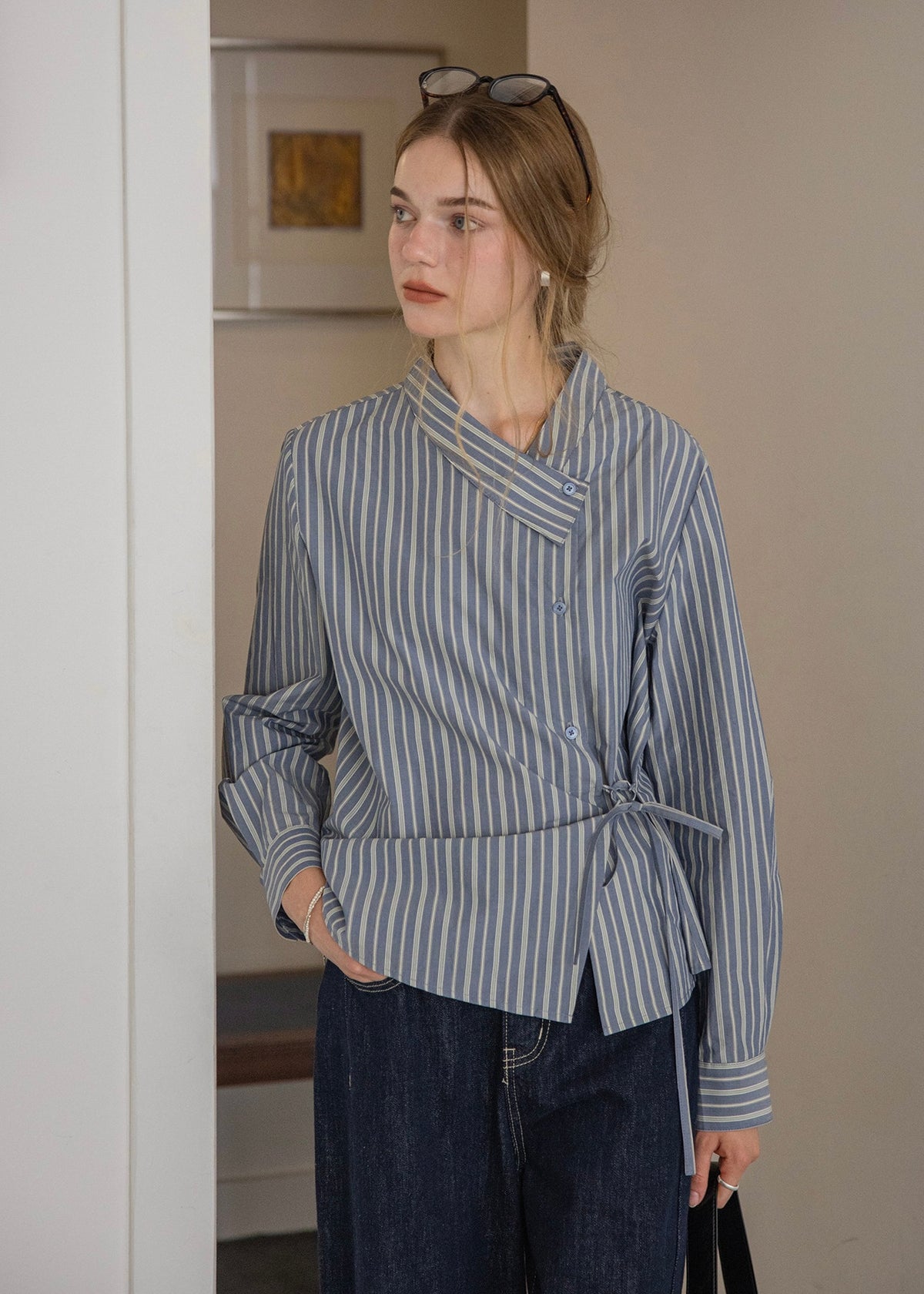 Maren Mist Blue Striped Wrap Shirt