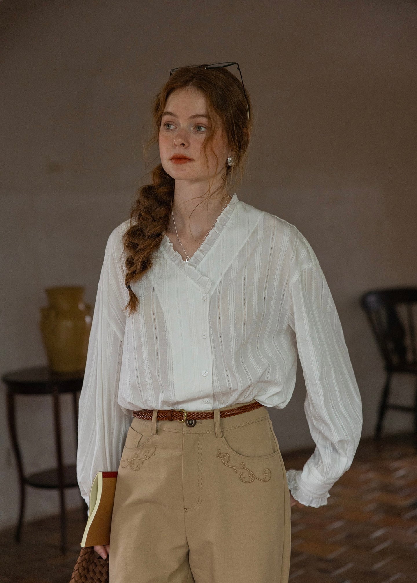 Vintage Jacquard Salt Line Shirt Cotton Blouse(2COLOR)