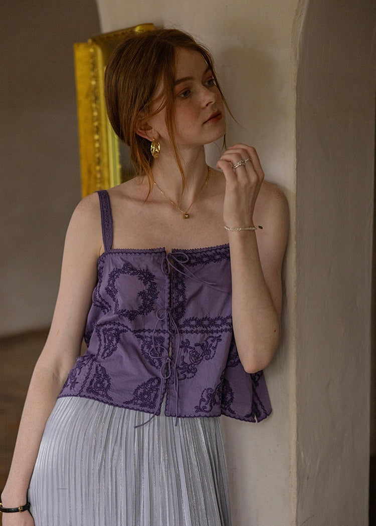 Serenade Embroidered Cotton Cami Top | Vintage Lace-Up Eyelet Vest(2COLOR)