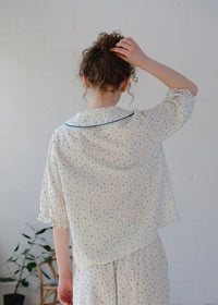 Blue Calm Cotton Pajama Set Floral Piping Collar Loose Lounge Set