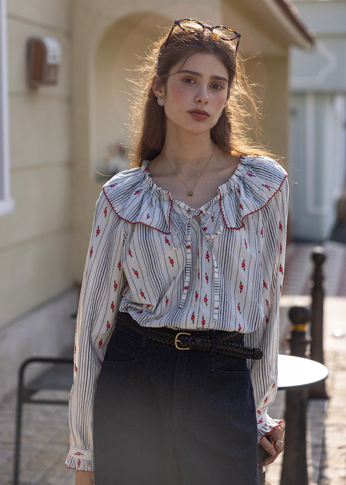 Red Stitch Romantic Vintage Ruffle Blouse