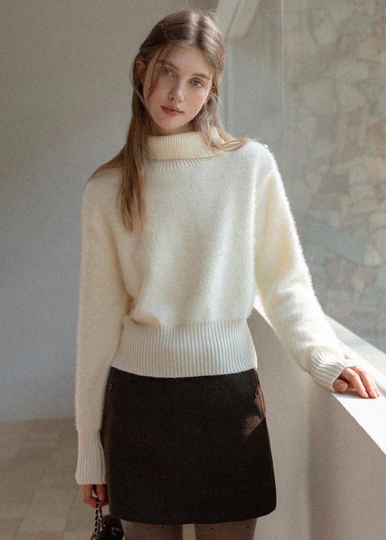 Cream Apricot Diagonal Button Collar Knit Sweater