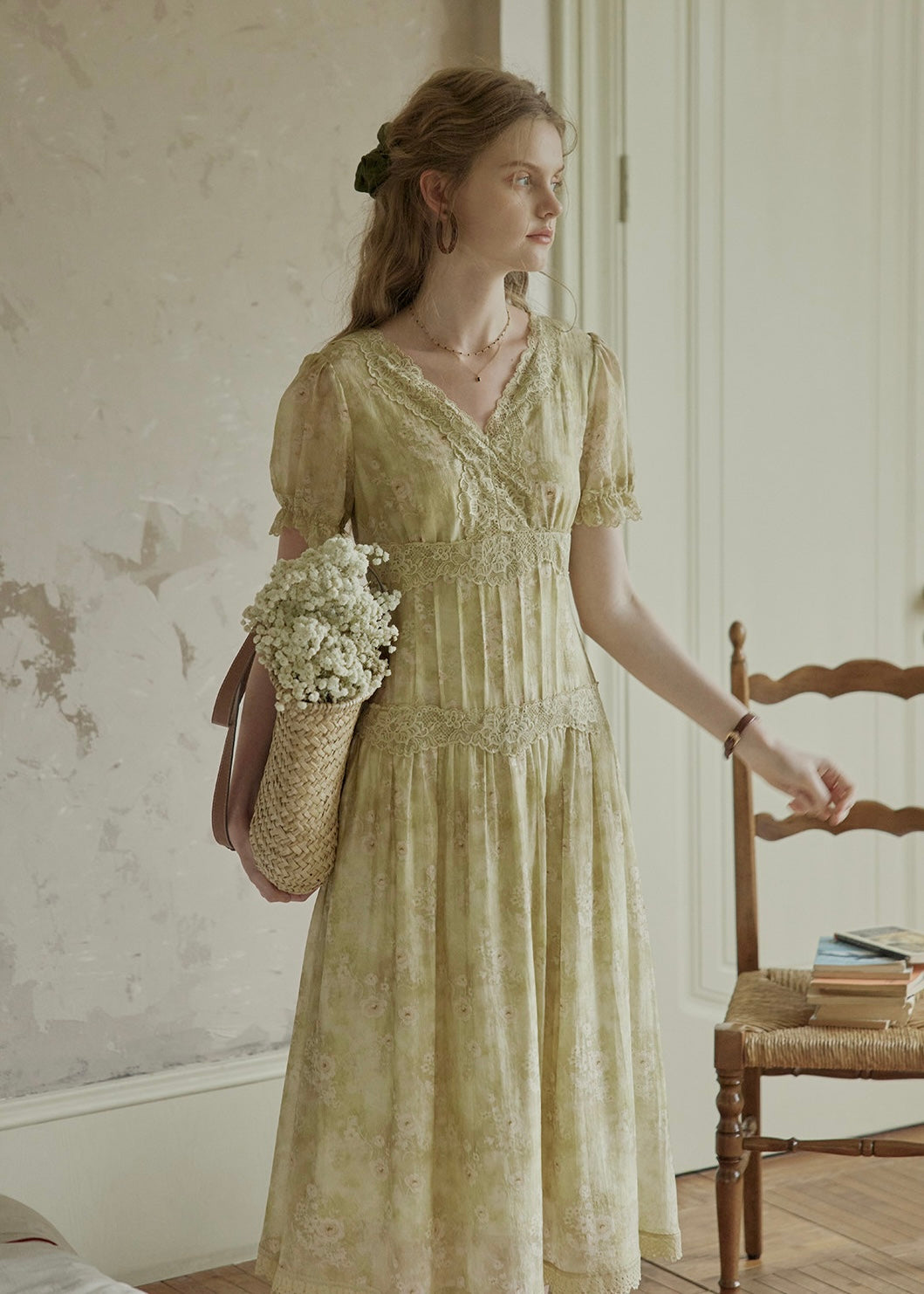 Elowen V-Neck Floral Lace Trim Dress