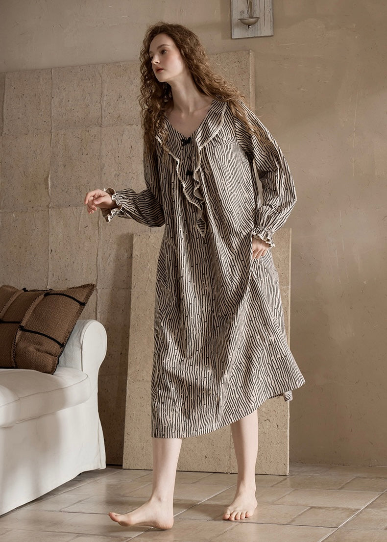 Autumn Stripe Beige Black Vintage Ruffle Pajama Dress Nightwear