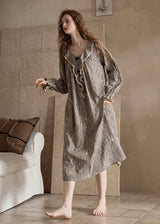 Autumn Stripe Beige Black Vintage Ruffle Pajama Dress Nightwear